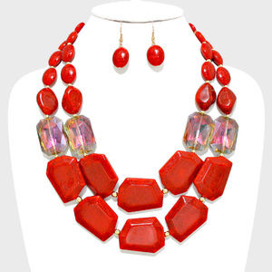 Red Stone Strand Necklace/Earring Set